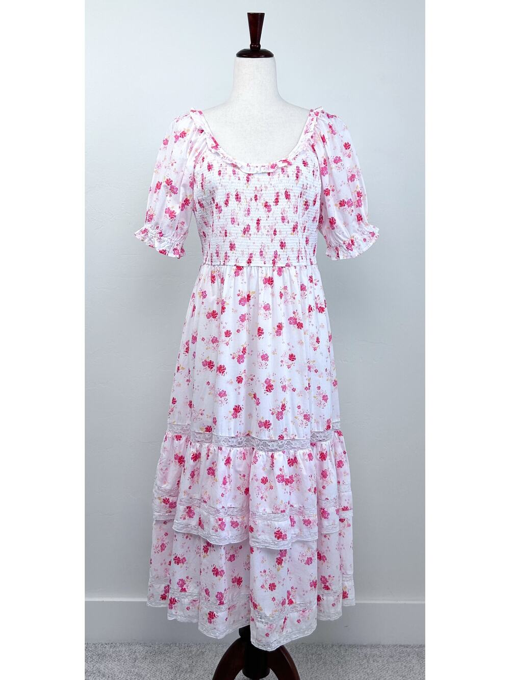 LoveShackFancy X Target LARGE Pink Floral Lace Smocked Tiered Midi Dress NWT
